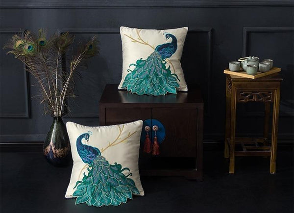 Beautiful Decorative Throw Pillows, Embroider Peacock Cotton and linen Pillow Cover, Decorative Sofa Pillows, Decorative Pillows for Couch-LargePaintingArt.com