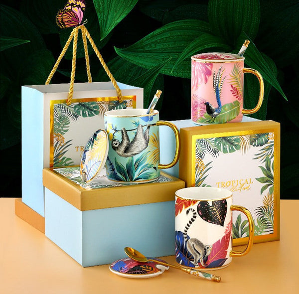 Peacock Porcelain Cups, Large Capacity Jungle Animal Porcelain Mugs, Unique Ceramic Mugs in Gift Box, Creative Ceramic Mugs for Office-LargePaintingArt.com