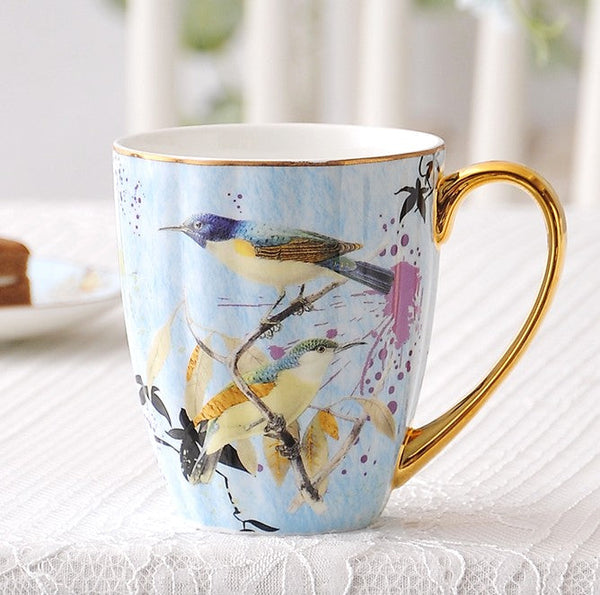 Large Creative Porcelain Mug, Elegant Blue Ceramic Coffee Mug, Beautiful Bird Flower Ceramic Mug, Large Capacity Ceramic Mugs for Office-LargePaintingArt.com