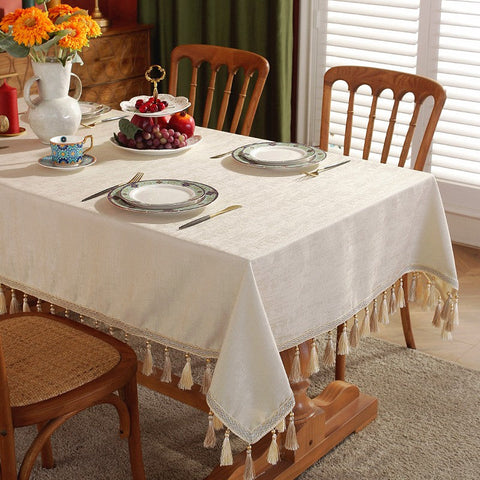 Modern Rectangle Tablecloth for Kitchen, Beige Fringes Tablecloth for Home Decoration, Square Tablecloth for Round Table, Large Simple Table Cloth for Dining Room Table-LargePaintingArt.com