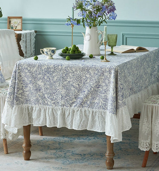 Cotton Rectangle Tablecloth for Dining Room Table, Natural Spring Farmhouse Table Cloth, Blue Flower Pattern Cotton Tablecloth, Square Tablecloth for Round Table-LargePaintingArt.com