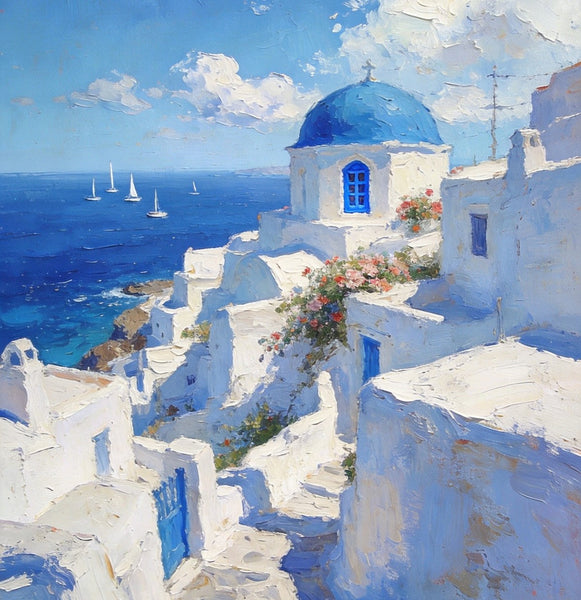 Buy Original Paintings, Harmony of Aegean Hues, Small Paintings On Canvas, Original Landscape Art, Hand Painted Canvas Art, Heavy Texture Wall Art Paintings-LargePaintingArt.com