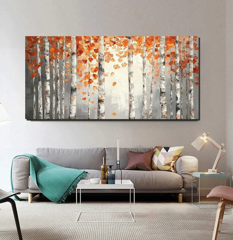 Large Wall Art for Bedroom, Modern Paintings for Living Room, Acrylic Painting on Canvas, Palette Knife Canvas Art, Autumn Birch Tree Painting, Original Canvas Art-LargePaintingArt.com