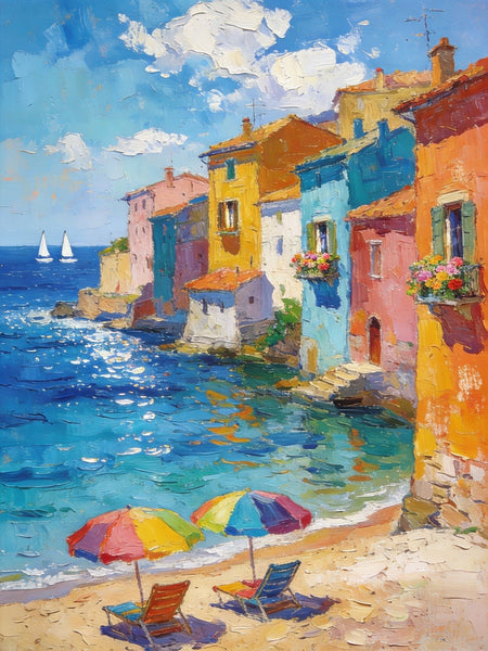 Buy Original Paintings, Seashore Town Harmony, Summer Resort, Original Landscape Art, Hand Painted Canvas Art, Small Paintings On Canvas, Heavy Texture Wall Art Paintings-LargePaintingArt.com