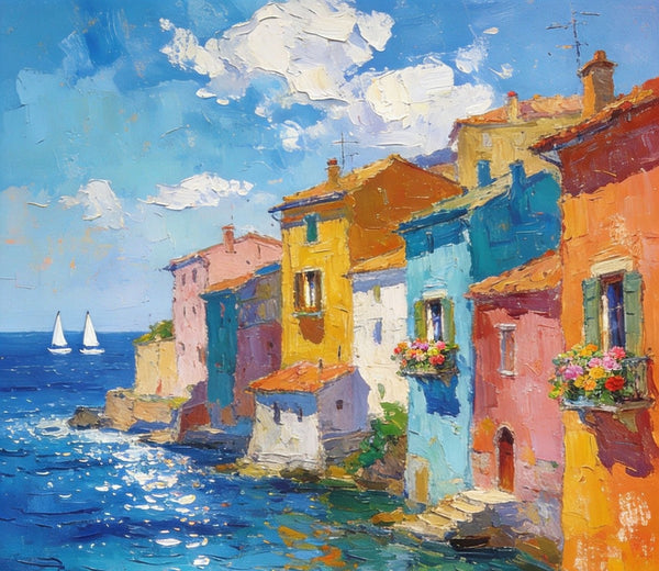 Buy Original Paintings, Seashore Town Harmony, Summer Resort, Original Landscape Art, Hand Painted Canvas Art, Small Paintings On Canvas, Heavy Texture Wall Art Paintings-LargePaintingArt.com