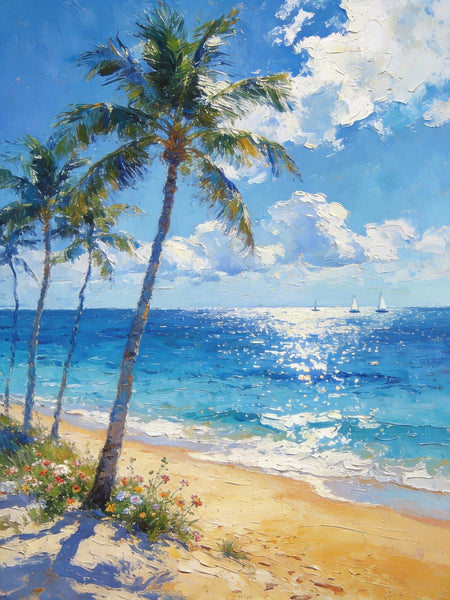 Heavy Texture Wall Art Paintings, Tropical Coastal Bliss, Beach Palm Tree Paintings, Hand Painted Canvas Art, Buy Paintings Online, Original Landscape Art, Small Paintings On Canvas-LargePaintingArt.com