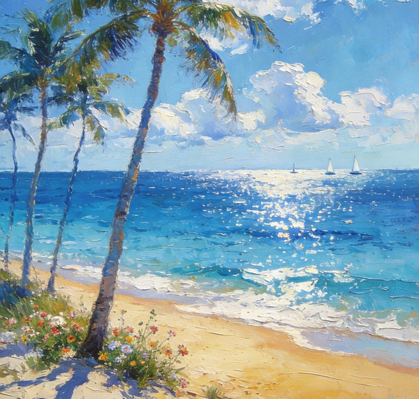Heavy Texture Wall Art Paintings, Tropical Coastal Bliss, Beach Palm Tree Paintings, Hand Painted Canvas Art, Buy Paintings Online, Original Landscape Art, Small Paintings On Canvas-LargePaintingArt.com