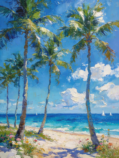Beachside Haven, Palm Tree Seashore Paintings, Original Landscape Paintings, Canvas Paintings for Dining Room, Heavy Texture Artwork, Small Oil Paintings, Hand Painted Canvas Art-LargePaintingArt.com