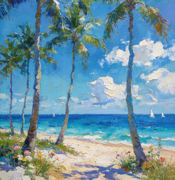 Beachside Haven, Palm Tree Seashore Paintings, Original Landscape Paintings, Canvas Paintings for Dining Room, Heavy Texture Artwork, Small Oil Paintings, Hand Painted Canvas Art-LargePaintingArt.com