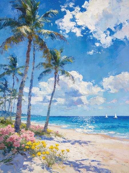 Original Landscape Paintings, Palm Fringed Beach, Summer Resort, Beach Paintings, Small Oil Paintings, Hand Painted Canvas Art, Buy Paintings Online, Canvas Paintings for Bedroom-LargePaintingArt.com
