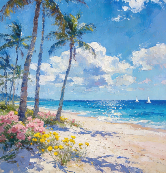 Original Landscape Paintings, Palm Fringed Beach, Summer Resort, Beach Paintings, Small Oil Paintings, Hand Painted Canvas Art, Buy Paintings Online, Canvas Paintings for Bedroom-LargePaintingArt.com
