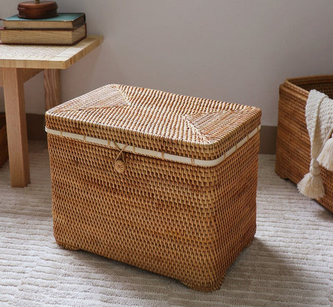 Oversized Storage Baskets for Bedroom, Rectangular Woven Storage Baskets for Clothes, Large Rectangular Storage Basket with Lid, Rattan Storage Case-LargePaintingArt.com