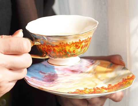 Elegant Ceramic Coffee Cups, Flower Field Vintage Bone China Porcelain Tea Cup Set, Unique British Tea Cup and Saucer in Gift Box, Royal Ceramic Cups-LargePaintingArt.com