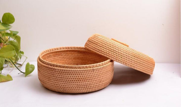 Rattan Basket, Storage Basket with Lid, Woven Basket for Kitchen, Storage Basket for Dining Room, Round Storage Basket-LargePaintingArt.com