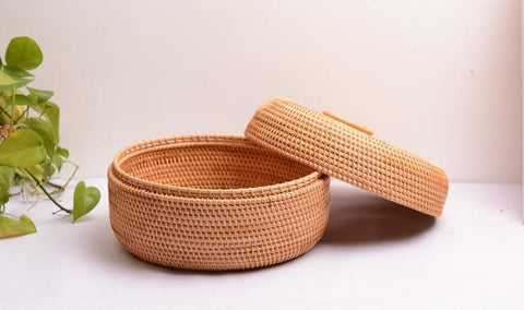 Woven Storage Basket with Lid, Lovely Rattan Basket for Kitchen, Storage Basket for Dining Room, Woven Round Baskets-LargePaintingArt.com