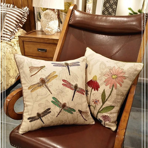 Dragonfly and Flower Cotton and linen Pillow Cover, Embroider Decorative Throw Pillow, Decorative Pillows for Car, Flower Decorative Pillows-LargePaintingArt.com