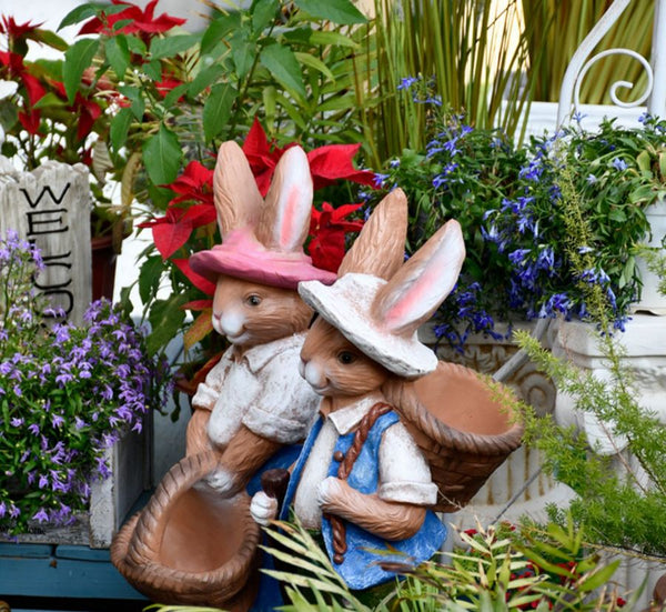 Garden Courtyard Ornaments, Large Rabbit Statue for Garden, Villa Outdoor Decor Gardening Ideas, Bunny Flowerpot, Modern Garden Sculptures-LargePaintingArt.com
