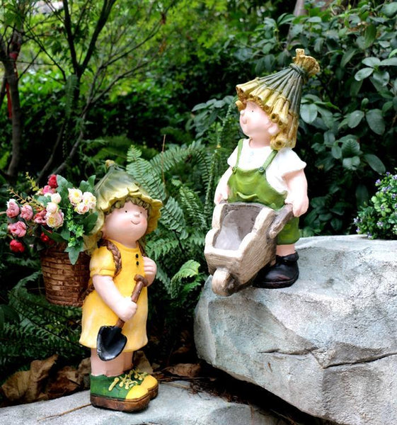 Large Boy Cart and Girl Carry Basket Statues, Flower Pot, Garden Courtyard Ornament, Gardening Ideas, House Warming Gift-LargePaintingArt.com