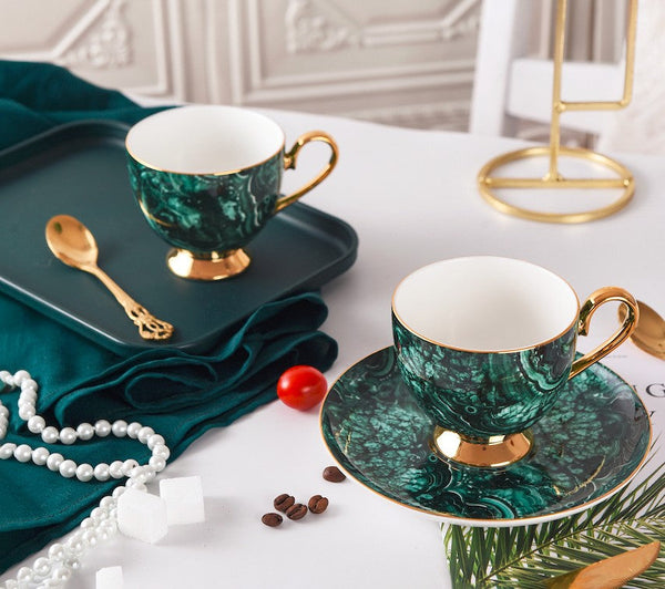 Beautiful British Green Tea Cups, Unique Porcelain Cup and Saucer, Royal Ceramic Coffee Cups, Creative Bone China Porcelain Tea Cup Set-LargePaintingArt.com