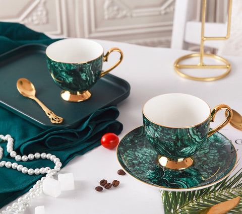 Beautiful British Green Tea Cups, Unique Porcelain Cup and Saucer, Royal Ceramic Coffee Cups, Creative Bone China Porcelain Tea Cup Set-LargePaintingArt.com