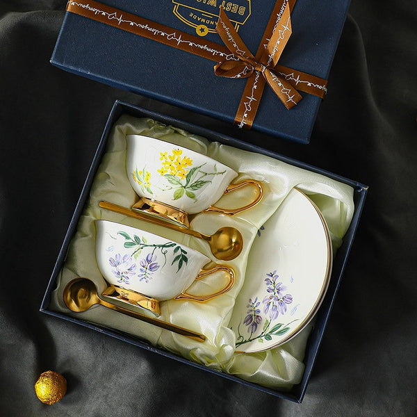 Porcelain Tea Cup Saucer Set, Unique Tea Cup and Saucer in Gift Box, 7.4 oz Floral Ceramic Coffee Cup with Saucer, Beautiful British Tea Cup and Saucer-LargePaintingArt.com