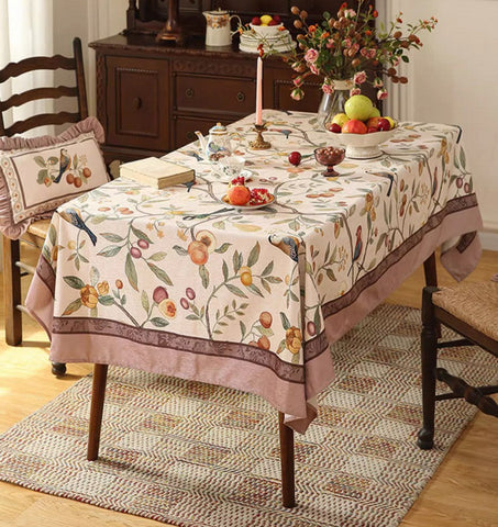 Bird and Fruit Tree Kitchen Table Cover, Linen Table Cover for Dining Room Table, Tablecloth for Round Table, Simple Modern Rectangle Tablecloth Ideas for Oval Table-LargePaintingArt.com