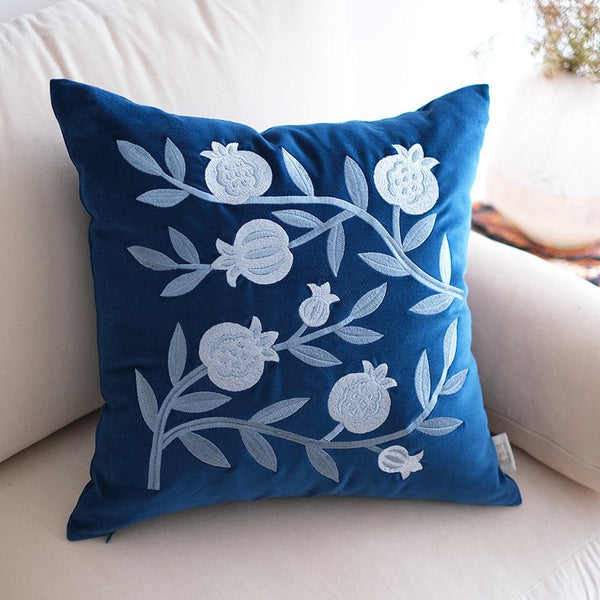 Large Decorative Pillows for Couch, Living Room Decorative Pillows, Blue Embroidered Pomegranate Cushion, Modern Throw Pillows for Bedroom, Decorative Pillow Arrangement Ideas for Couch-LargePaintingArt.com
