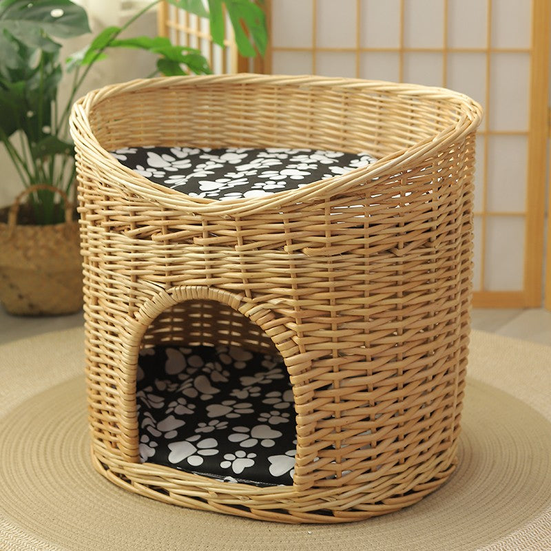 Washable Wicker Cat Bed, Wicker Cat House with Washable Cushion for Indoor Cats and Dogs