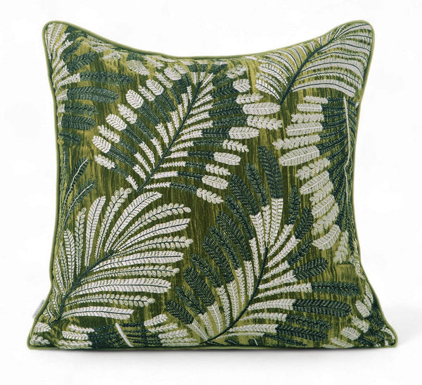 Large Throw Pillow for Interior Design, Embroidery Leaves Green Decorative Sofa Pillows, Luxury Decorative Throw Pillows for Couch, Large Square Modern Sofa Pillows-LargePaintingArt.com