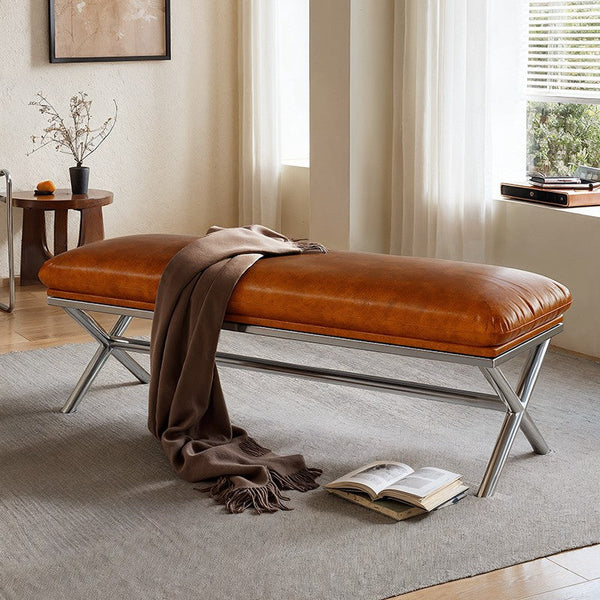Upholstered Shoe Bench, Contemporay Bedroom Bench, Luxury Genuine Leather Entry Bench, Narrow Entryway Bench, Modern Shoe Changing Ottoman, Mid-Century Hall Bench-LargePaintingArt.com
