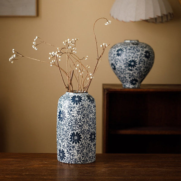 Centerpiece on Dining Table, Large Blue Flower Vase on Table, Vintage Bouquet Flower Vases, Handmade Porcelain Flower Vases Urn, Water Holding Flower Vases-LargePaintingArt.com