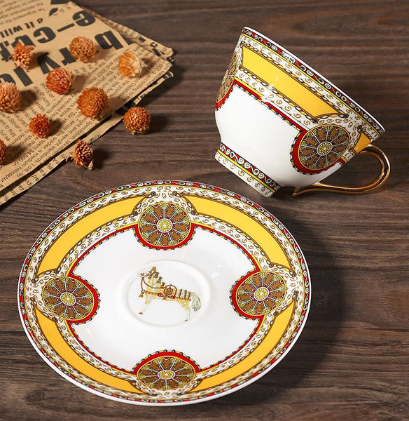Handmade Beautiful British Tea Cups, Creative Porcelain Tea Cup Saucer Set, Yellow Royal Ceramic Coffee Cups, 6.8 oz Tea Cup and Saucer-LargePaintingArt.com