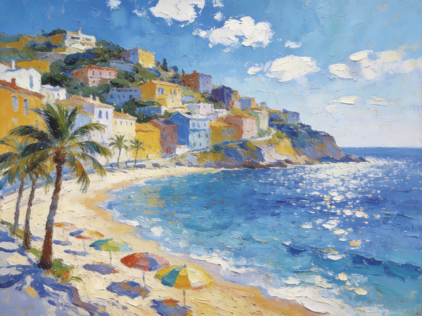 Hand Painted Canvas Art, Seaside Village Harmony, Small Oil Paintings, Heavy Texture Artwork, Landscape Canvas Paintings, Original Canvas Paintings-LargePaintingArt.com