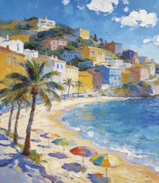 Hand Painted Canvas Art, Seaside Village Harmony, Small Oil Paintings, Heavy Texture Artwork, Landscape Canvas Paintings, Original Canvas Paintings-LargePaintingArt.com