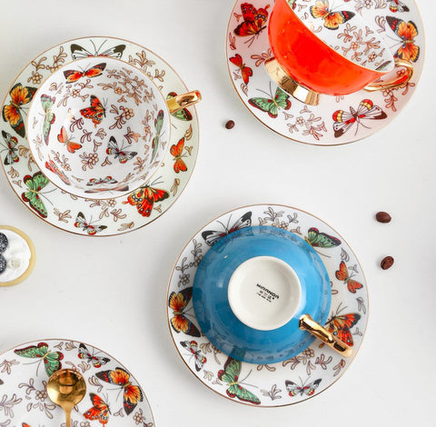 Creative Butterfly Ceramic Coffee Cups, Unique Butterfly Coffee Cups and Saucers, Beautiful British Tea Cups, Creative Bone China Porcelain Tea Cup Set-LargePaintingArt.com