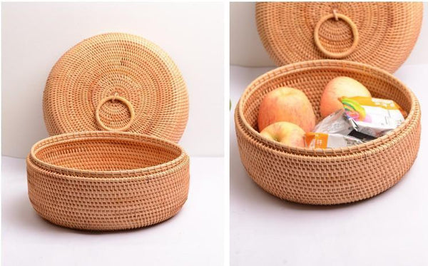 Rattan Basket, Storage Basket with Lid, Woven Basket for Kitchen, Storage Basket for Dining Room, Round Storage Basket-LargePaintingArt.com