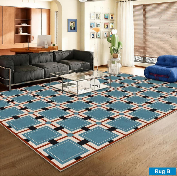 Mid Century Modern Rugs, Contemporary Modern Rugs for Dining Room, Bedroom Modern Floor Carpet, Blue Modern Rug Designs, Living Room Rug Ideas-LargePaintingArt.com