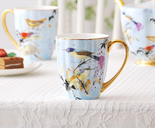 Large Creative Porcelain Mug, Elegant Blue Ceramic Coffee Mug, Beautiful Bird Flower Ceramic Mug, Large Capacity Ceramic Mugs for Office-LargePaintingArt.com