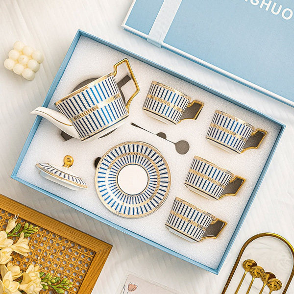 Modern Coffee Cup with Saucer, Ceramic Tea Cup and Saucer Set with Teapot, 7.4 oz Porcelain Tea Cup and Saucer Set of 4 cups, British Tea Cup Set-LargePaintingArt.com