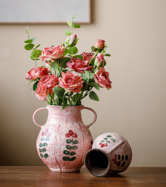 Rustic Pottery Flower Vases, Small Flower Vases on Table, Pink Bud Vases, Handmade Water Holding Flower Vases-LargePaintingArt.com