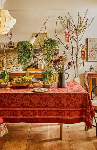 Long Rectangle Tablecloth for Dining Room Table, Christmas Table Cloth, Wedding Tablecloth, Red Flower Pattern Tablecloth for Home Decoration, Square Tablecloth-LargePaintingArt.com