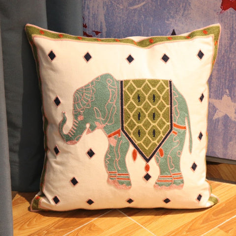 Elephant Embroider Cotton Pillow Covers, Farmhouse Decorative Sofa Pillows, Cotton Decorative Pillows, Decorative Throw Pillows for Couch-LargePaintingArt.com