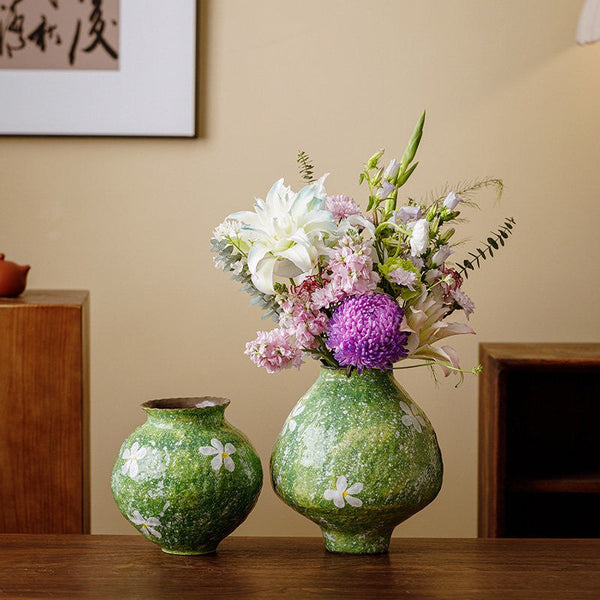 Modern Pottery Flower Vases, Centerpiece on Dining Table, Handmade Water Holding Flower Vases, Pottery Bud Vases, Large Green Flower Vases on Table-LargePaintingArt.com
