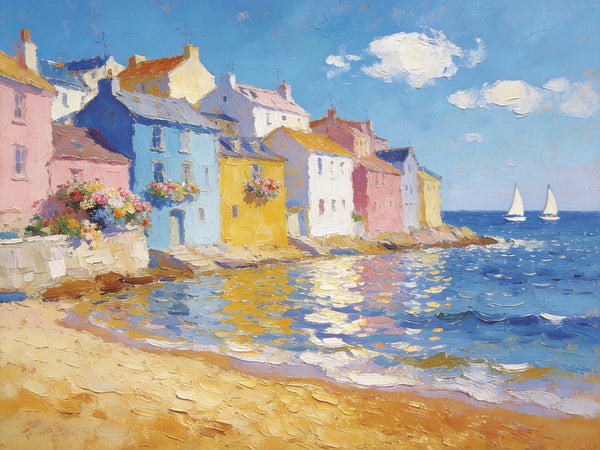 Landscape Canvas Paintings, Ocean Front Town Allure, Seashore Beach Paintings, Small Landscape Paintings on Canvas, Palette Knife Oil Paintings, Hand Painted Canvas Art, Original Oil Paintings-LargePaintingArt.com