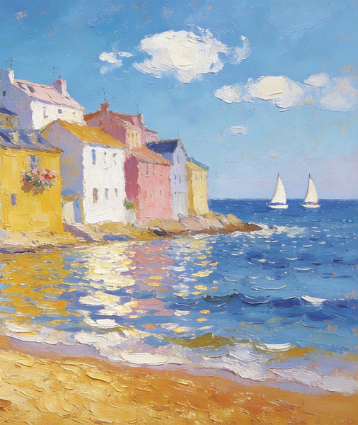 Landscape Canvas Paintings, Ocean Front Town Allure, Seashore Beach Paintings, Small Landscape Paintings on Canvas, Palette Knife Oil Paintings, Hand Painted Canvas Art, Original Oil Paintings-LargePaintingArt.com