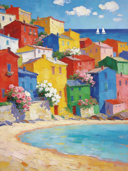 Heavy Texture Wall Art Paintings, Coastal Town Blissful Scene, Small Paintings On Canvas, Hand Painted Canvas Art, Original Landscape Art, Buy Original Paintings-LargePaintingArt.com