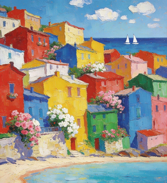 Heavy Texture Wall Art Paintings, Coastal Town Blissful Scene, Small Paintings On Canvas, Hand Painted Canvas Art, Original Landscape Art, Buy Original Paintings-LargePaintingArt.com