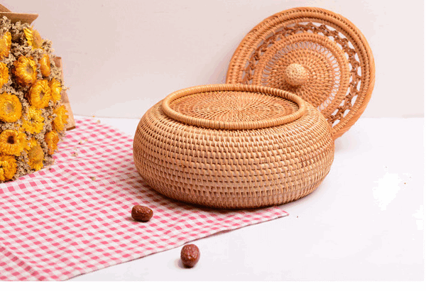 Woven Storage Basket with Lid, Lovely Rattan Round Storage Basket, Round Storage Basket for Kitchen-LargePaintingArt.com