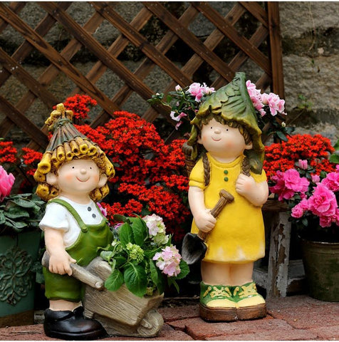 Large Boy Cart and Girl Carry Basket Statues, Flower Pot, Garden Courtyard Ornament, Gardening Ideas, House Warming Gift-LargePaintingArt.com