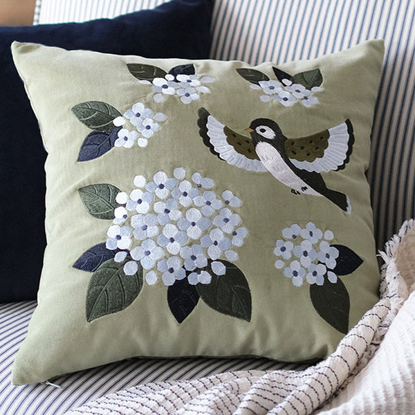 Decorative Pillow Arrangement Ideas for Couch, Living Room Decorative Pillows, Embroidered Swallow Birds Cushion, Large Decorative Pillows for Couch, Modern Throw Pillows for Bedroom-LargePaintingArt.com